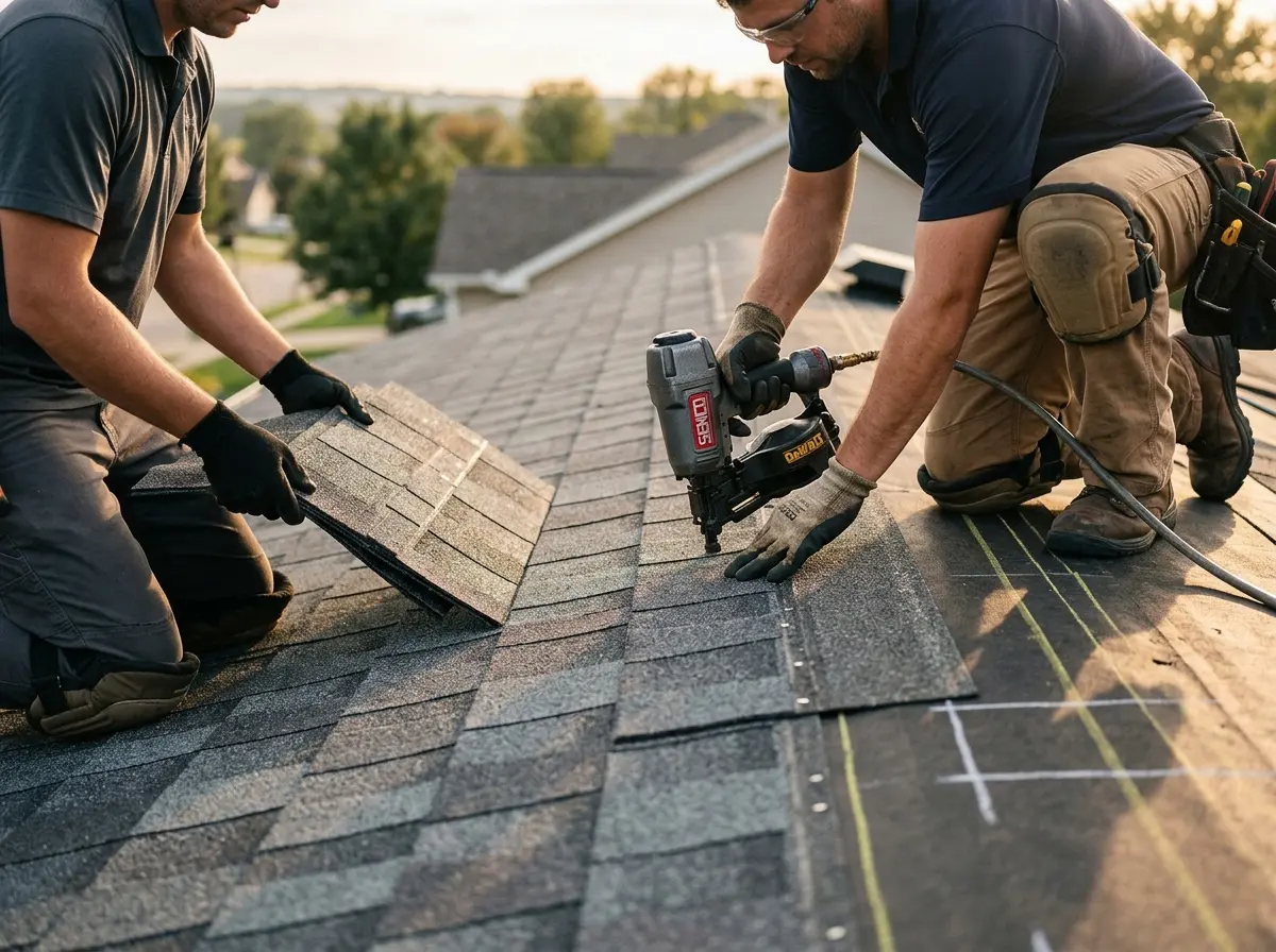 Professional roofer working on a residential roof in Iroquois Point